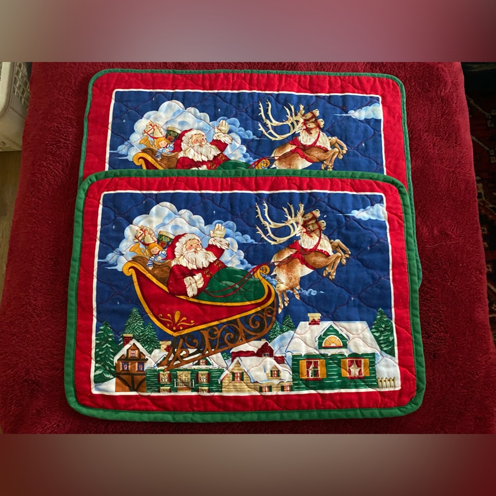 Set of 2 Vintage Santa Material Placemats